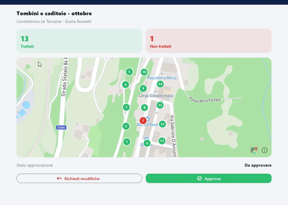 Una campagna larvicida in PCO Suite: tombini e caditoie trattati e non trattati sulla mappa