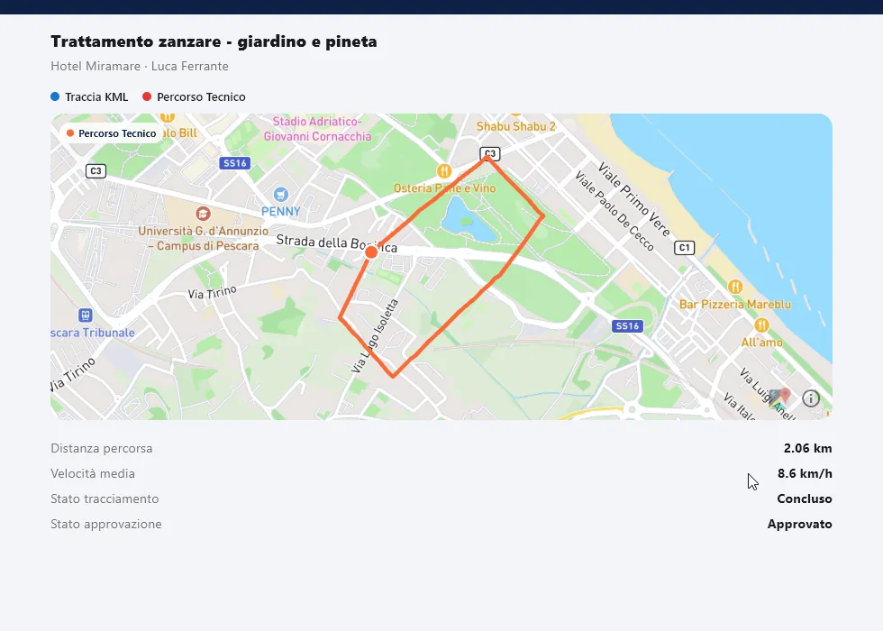 Il percorso registrato dal tecnico durante una campagna adulticida, confrontato con la traccia prevista