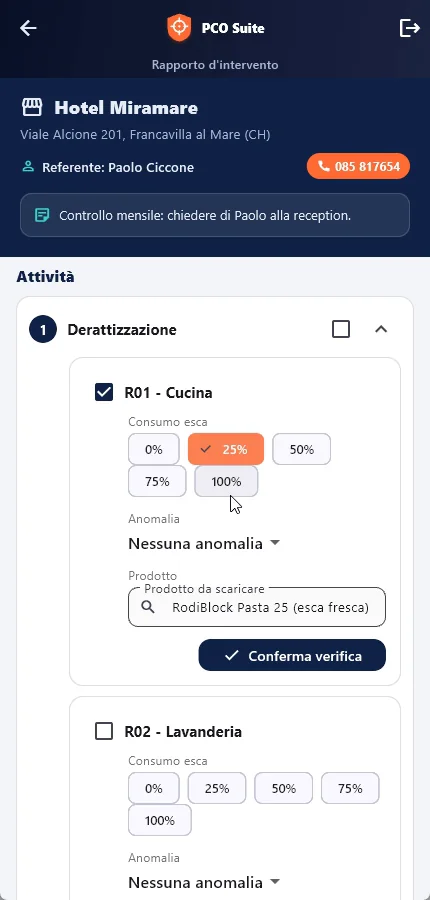 La verifica delle postazioni sul telefono: consumo dell'esca 0, 25, 50, 75 o 100%
