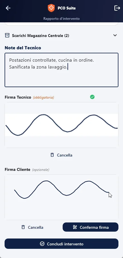 La firma del tecnico e del cliente sullo schermo del telefono